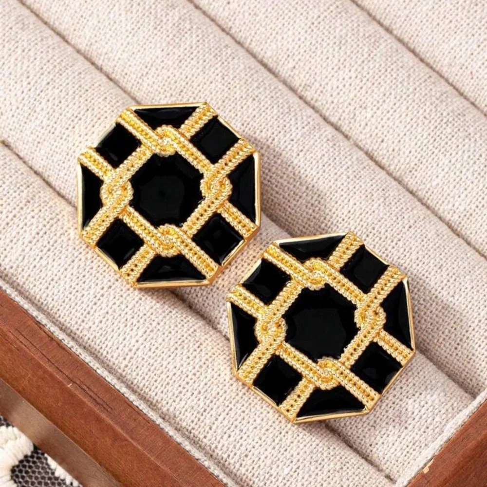 Modern Octagonal Black Enamel Earrings | Gold-Tone Geometric Statement